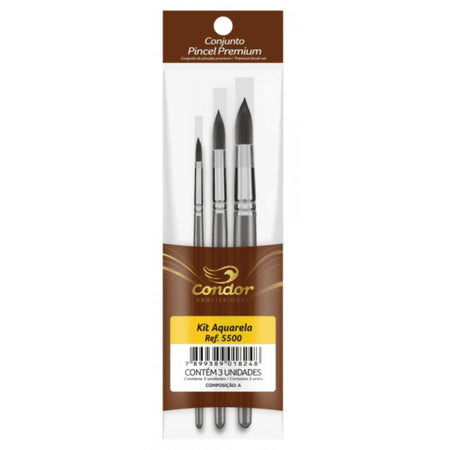 Kit de Pincel Aquarela Premium Condor 5500 com 3 Peças - Palácio da Arte