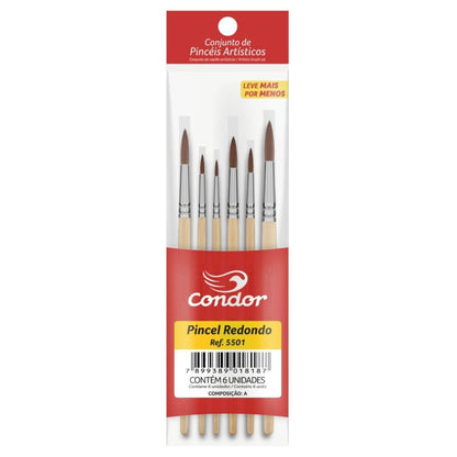 Kit de Pincel Redondo Condor 5501 com 6 Peças - Palácio da Arte