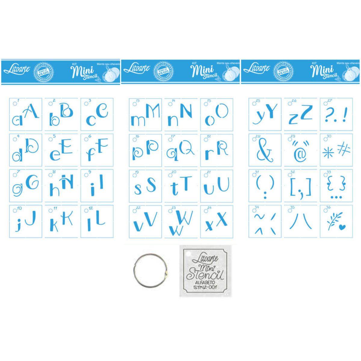 Kit Mini Stencil Litoarte STMI2-001 4,5cm Alfabeto Lettering 36 peças - Palácio da Arte