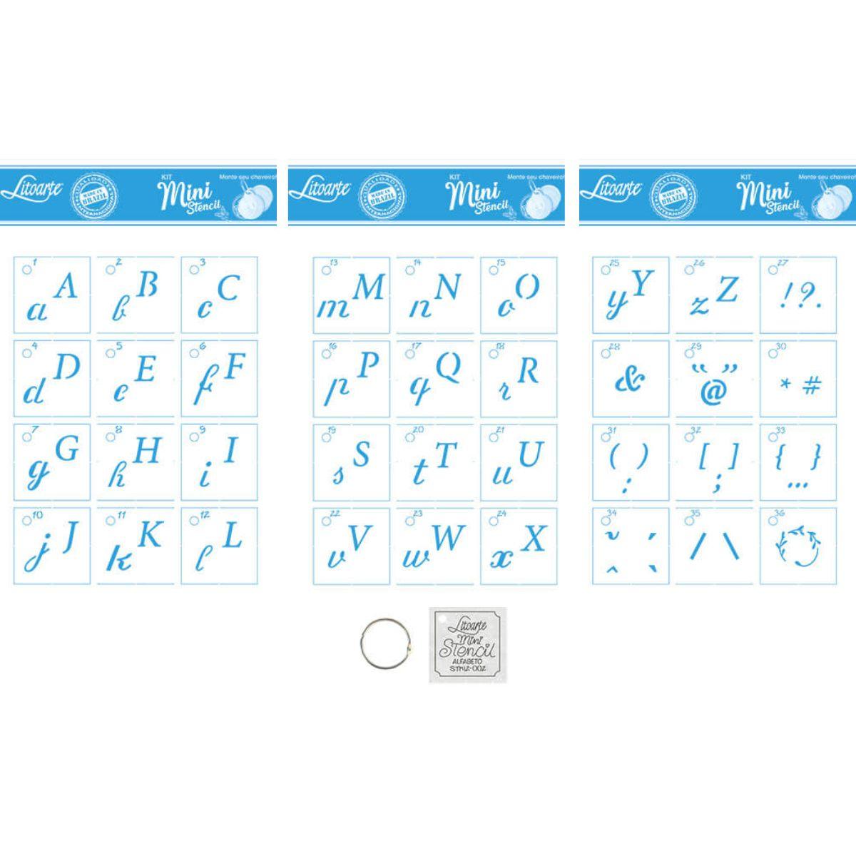Kit Mini Stencil Litoarte STMI2-002 4,5cm Alfabeto Cursiva 36 peças - Palácio da Arte
