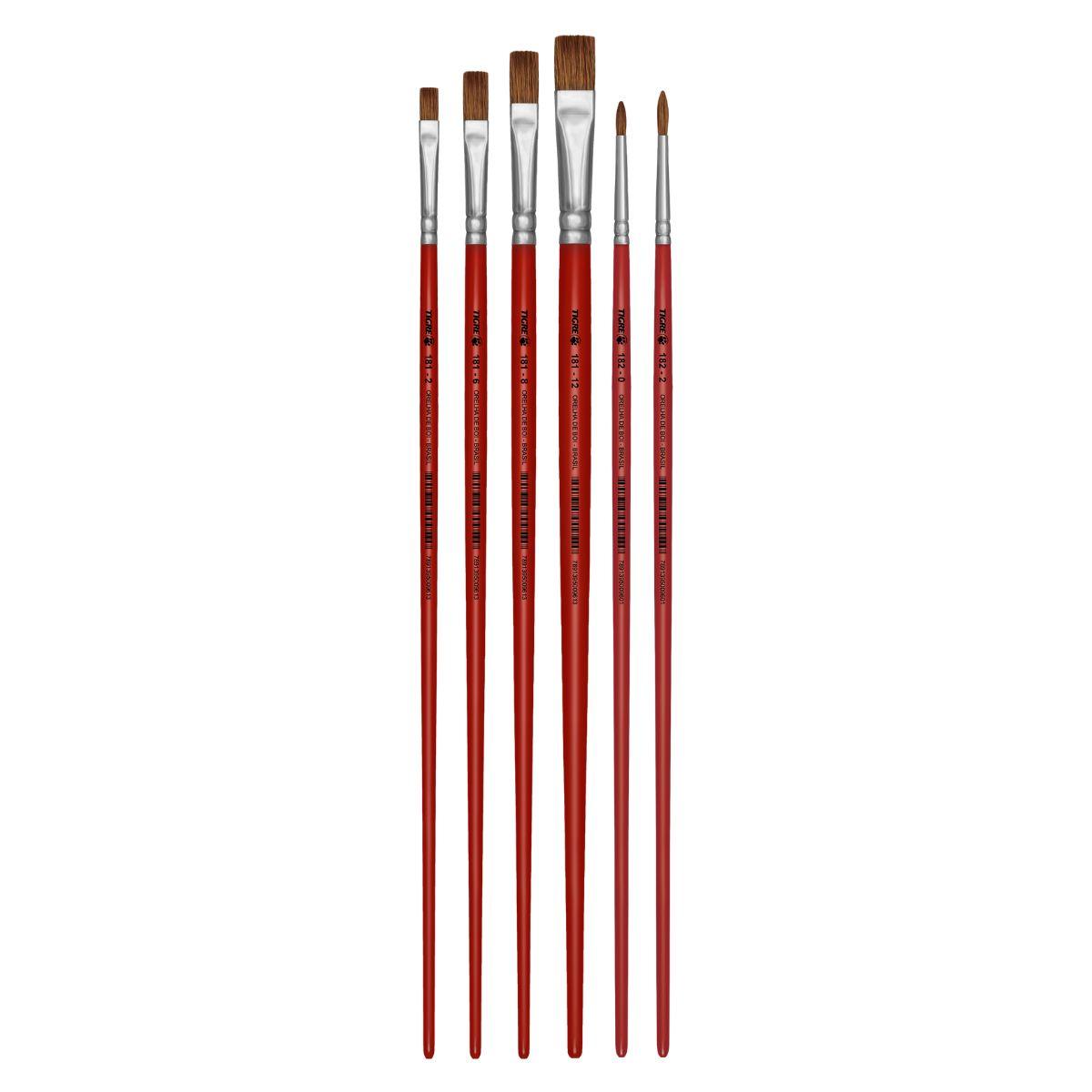 Kit Pincéis para Pintura 6235 Pelo Orelha de Boi com 6 unidades Pincéis Tigre - Palácio da Arte