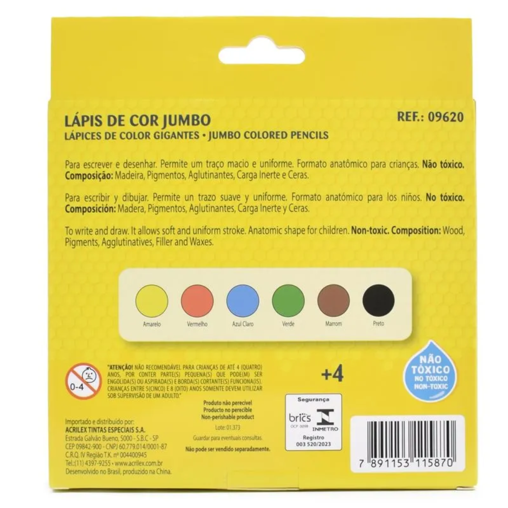 Lápis de Cor Jumbo Acrilex com 6 cores - Palácio da Arte