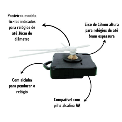 Máquina de Relógio Tic Tac Quartz de Parede 13mm com Ponteiros Colonial 7cm Branco - Palácio da Arte
