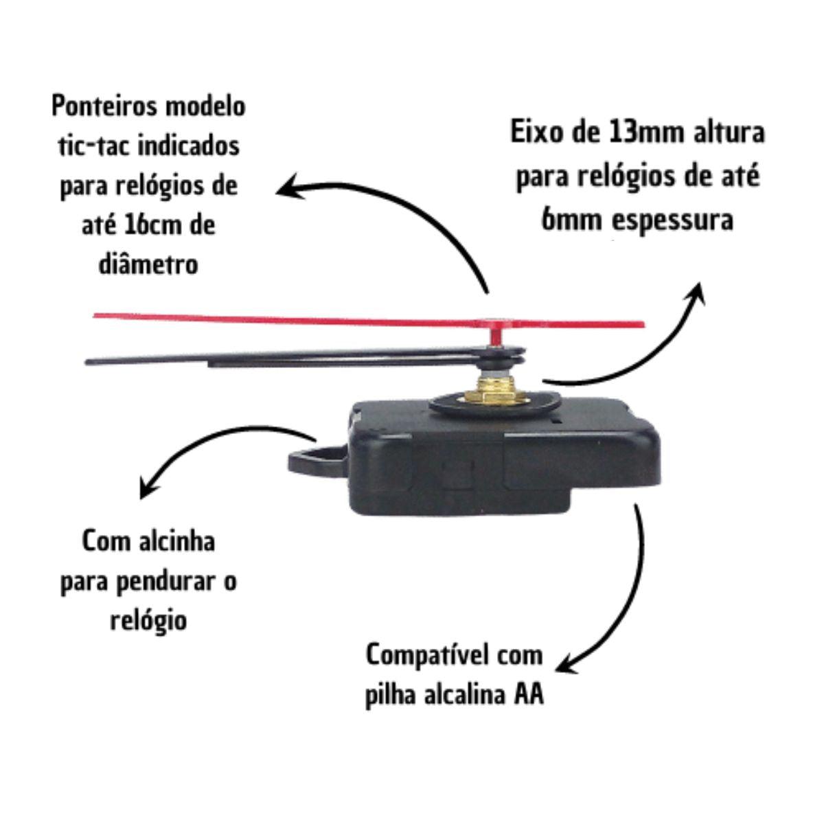 Máquina de Relógio Tic Tac Quartz de Parede 13mm com Ponteiros Palito 7cm Preto - Palácio da Arte