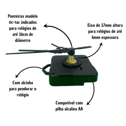 Máquina de Relógio Tic Tac Quartz de Parede 17mm com Ponteiros Colonial 7cm Preto - Palácio da Arte
