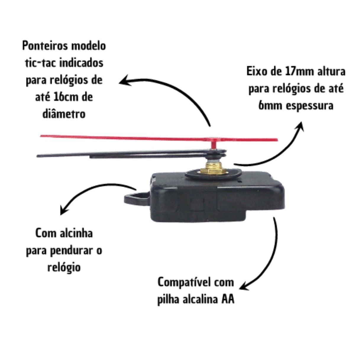 Máquina de Relógio Tic Tac Quartz de Parede 17mm com Ponteiros Palito 7cm Preto - Palácio da Arte