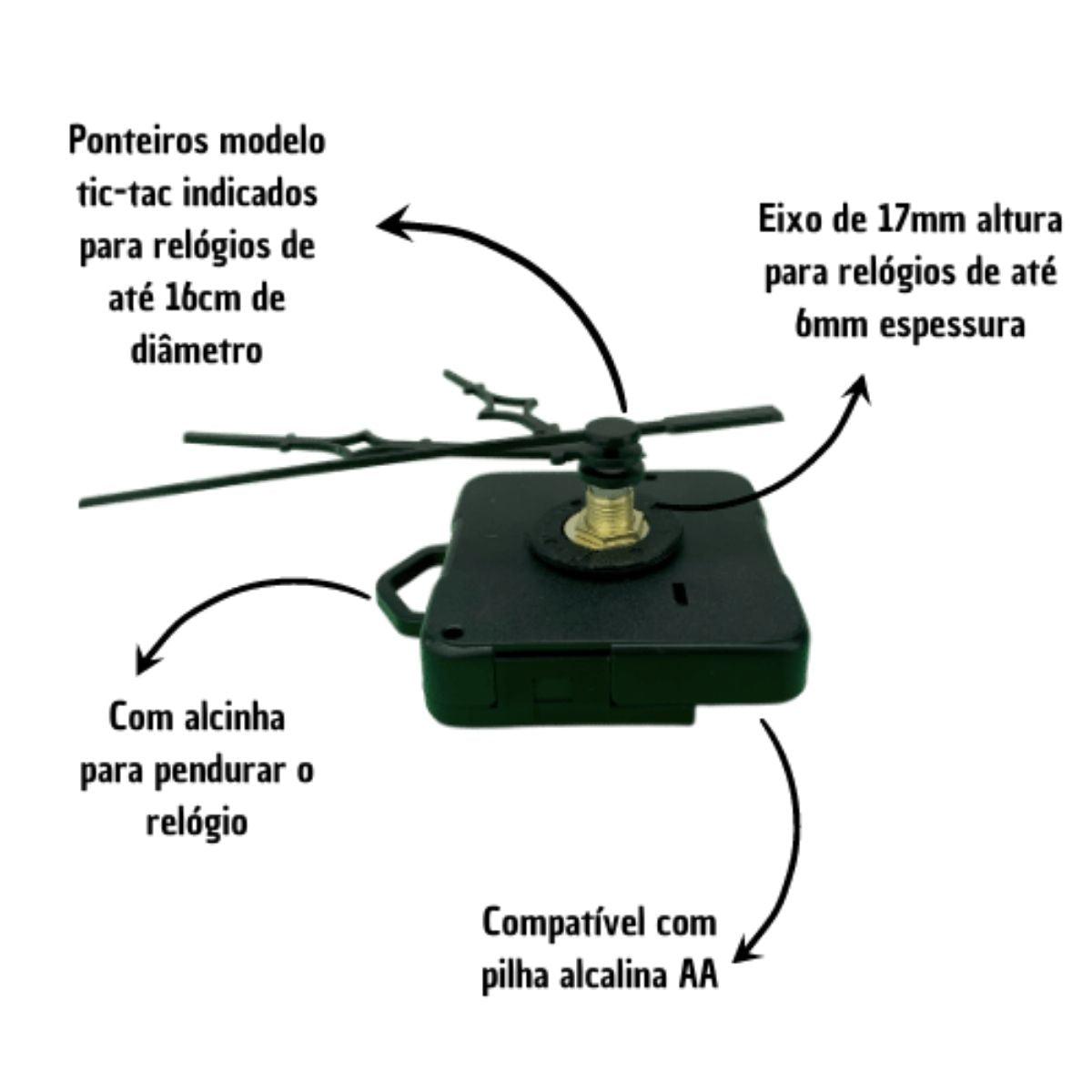 Máquina de Relógio Tic Tac Quartz de Parede 17mm com Ponteiros Universal 6cm Preto - Palácio da Arte