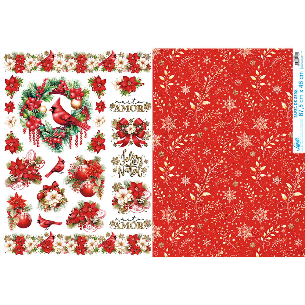 Papel de Seda Litoarte PSLN-009 Natal Vermelho e Arranjo Flores e Pássaros 67,5x46cm - Palácio da Arte