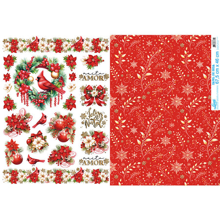 Papel de Seda Litoarte PSLN-009 Natal Vermelho e Arranjo Flores e Pássaros 67,5x46cm - Palácio da Arte