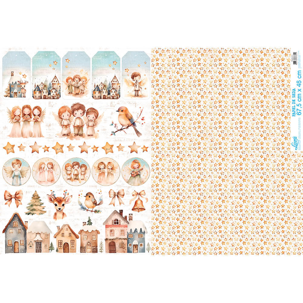 Papel de Seda Litoarte PSLN-011 Natal Estrelas e Anjinhos 67,5x46cm - Palácio da Arte
