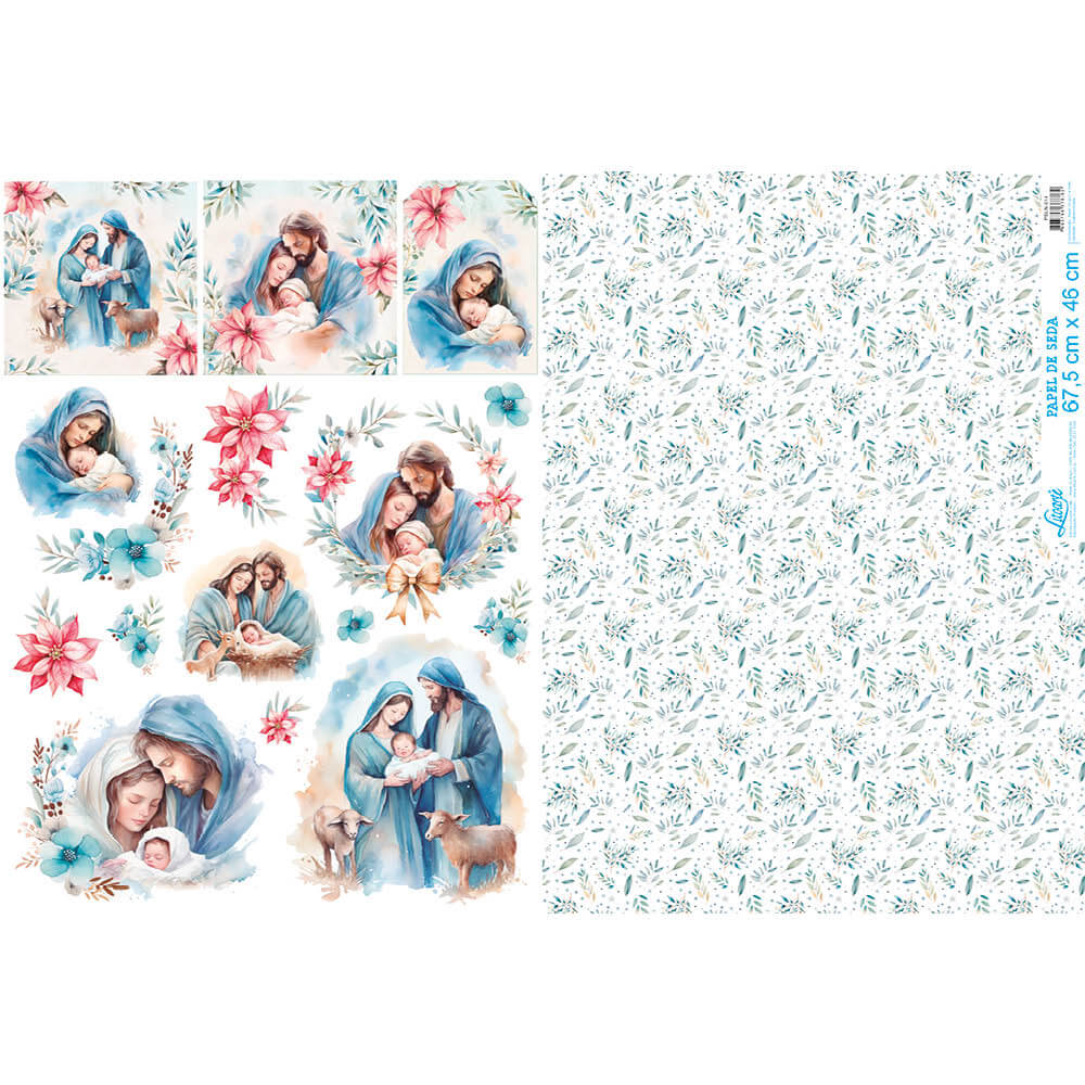 Papel de Seda Litoarte PSLN-014 Natal Folhinhas Verdes e Familia Sagrada 67,5x46cm - Palácio da Arte