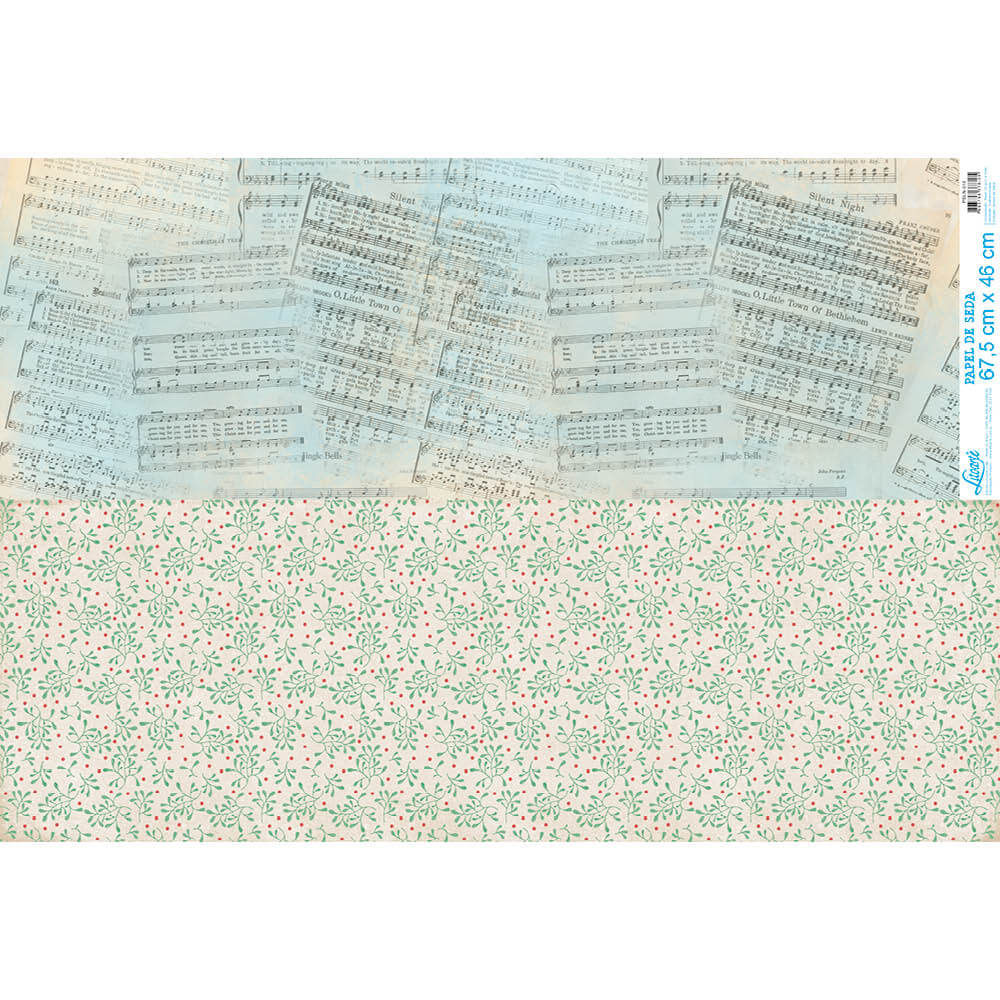Papel de Seda Litoarte PSLN-016 Natal Pautas Musicais e Verdinhos 67,5x46cm - Palácio da Arte