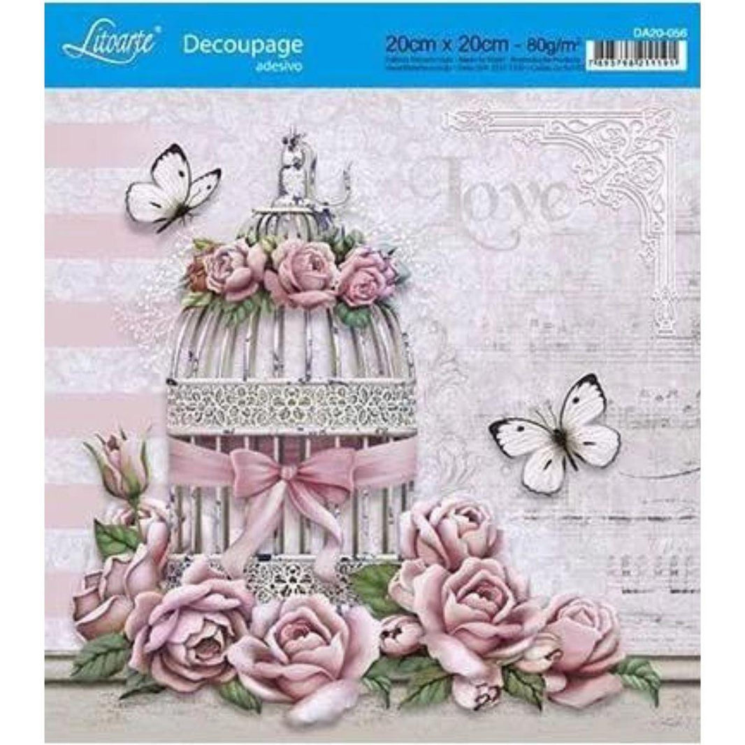 Papel Decoupage Adesiva Litoarte DA20-056 Gaiola com Rosas 20X20cm - Palácio da Arte