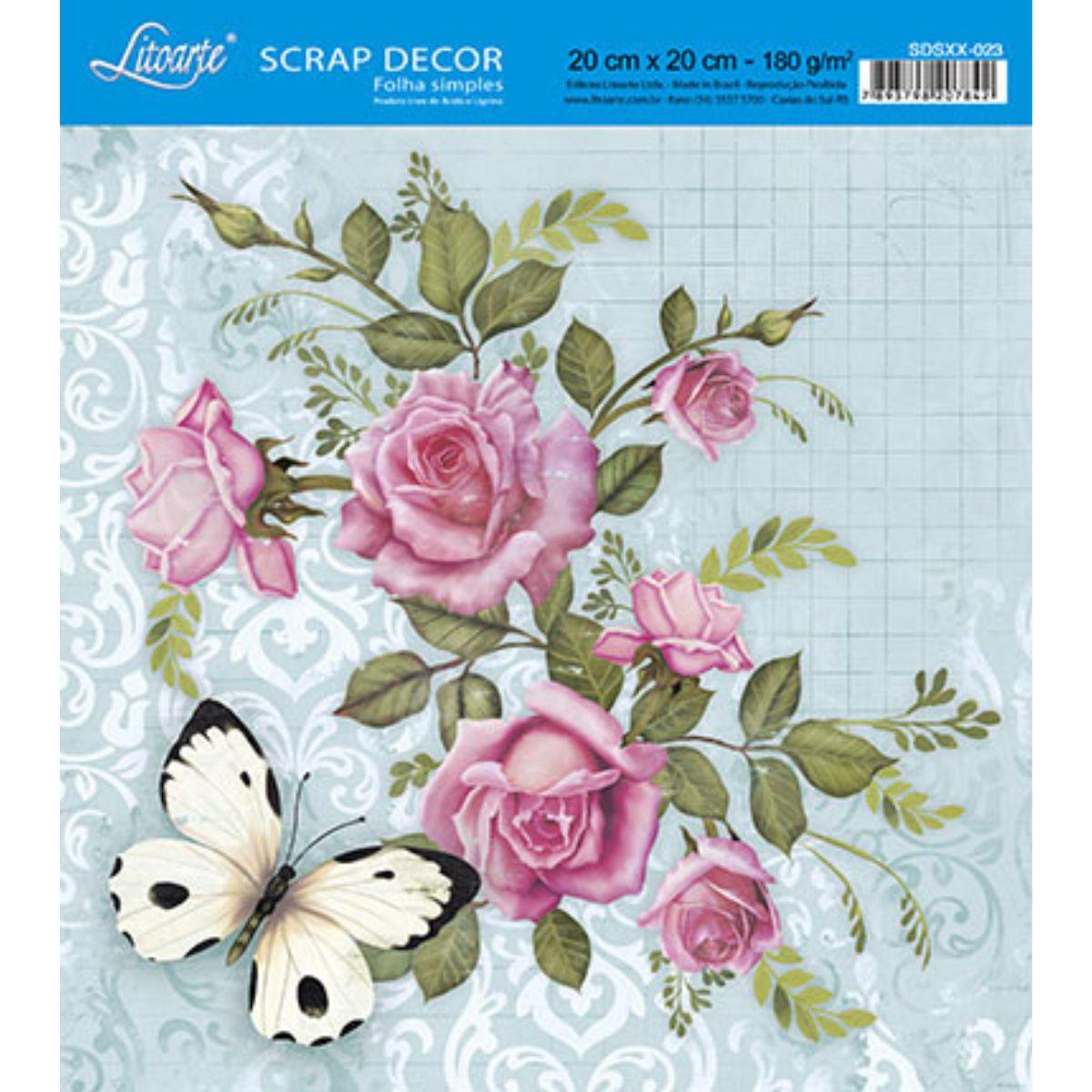 Papel Decoupage Adesiva Litoarte DAX-111 Rosas e Borboleta 10x10cm - Palácio da Arte