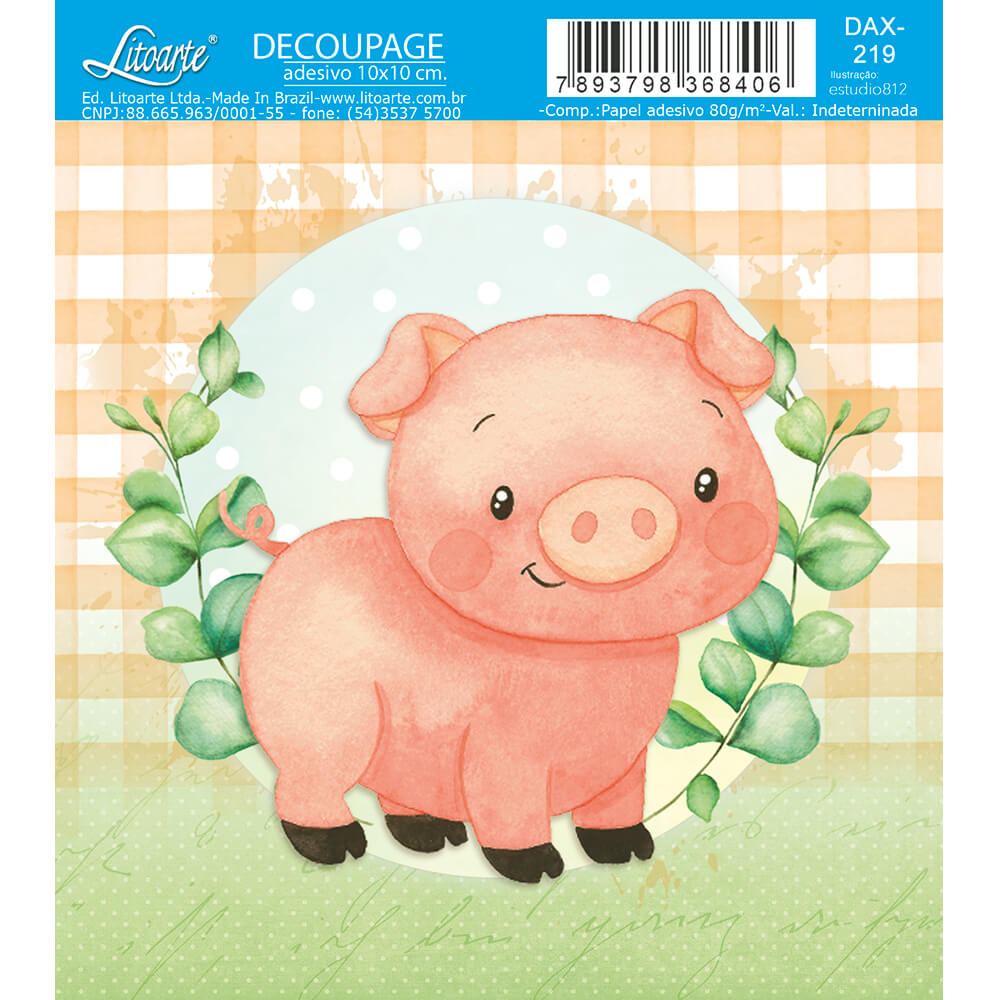 Papel Decoupage Adesiva Litoarte DAX-219 Fazendinha Porco 10x10cm - Palácio da Arte