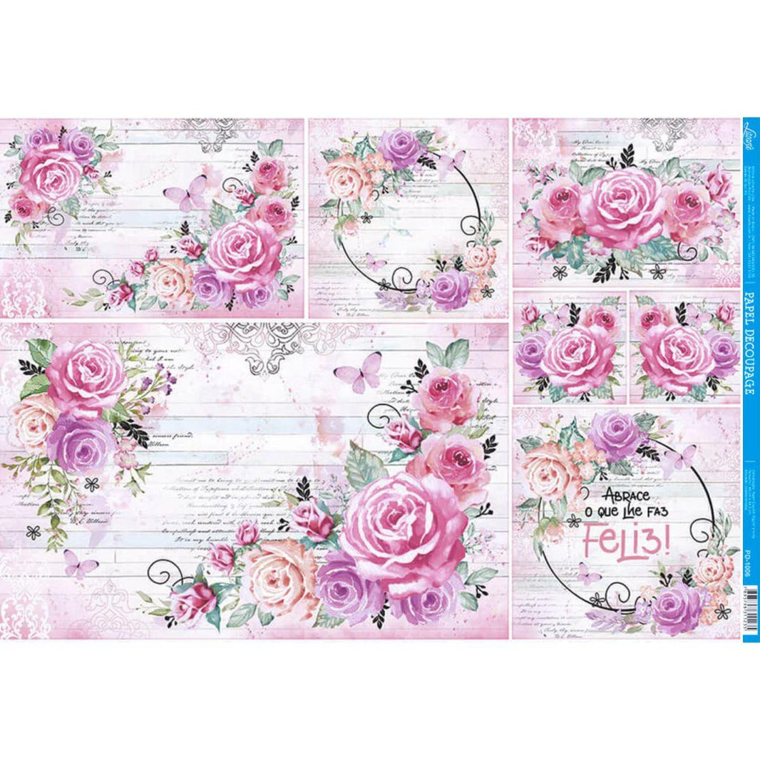 Papel Decoupage Litoarte PD-1008 Rosas Aquarela 49x34,3cm - Palácio da Arte