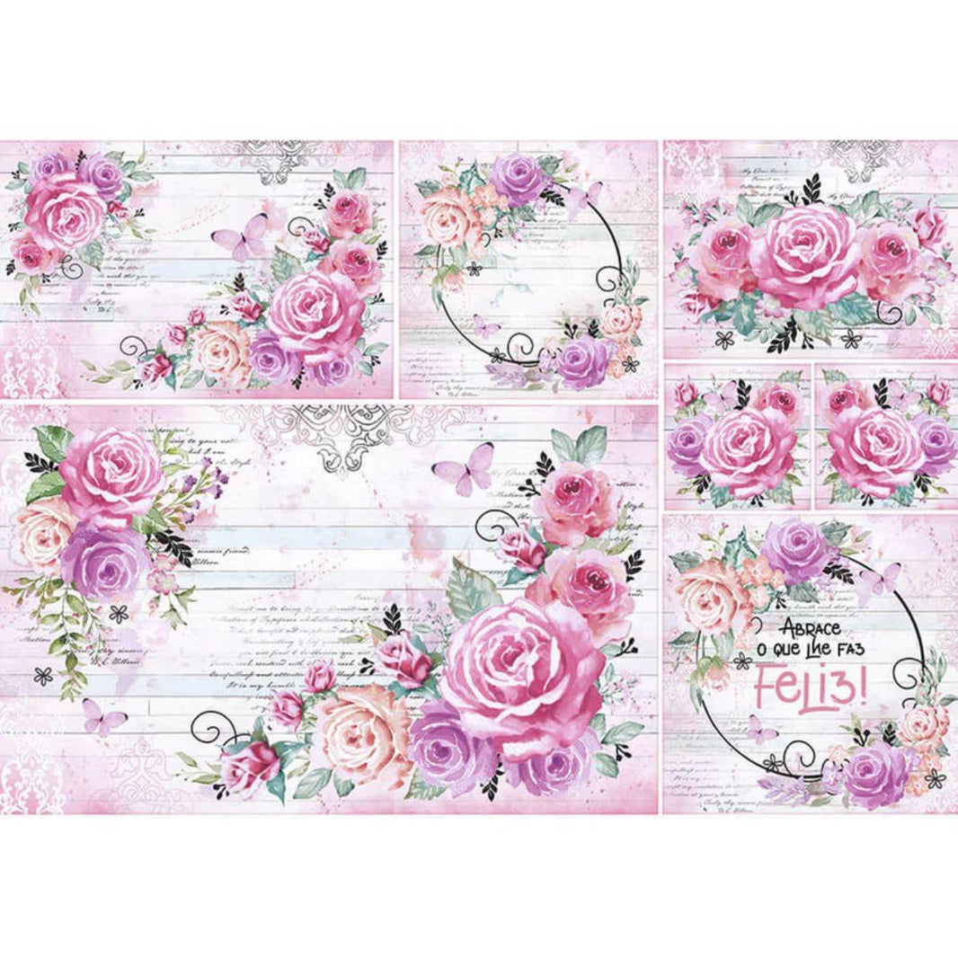 Papel Decoupage Litoarte PD-1008 Rosas Aquarela 49x34,3cm - Palácio da Arte
