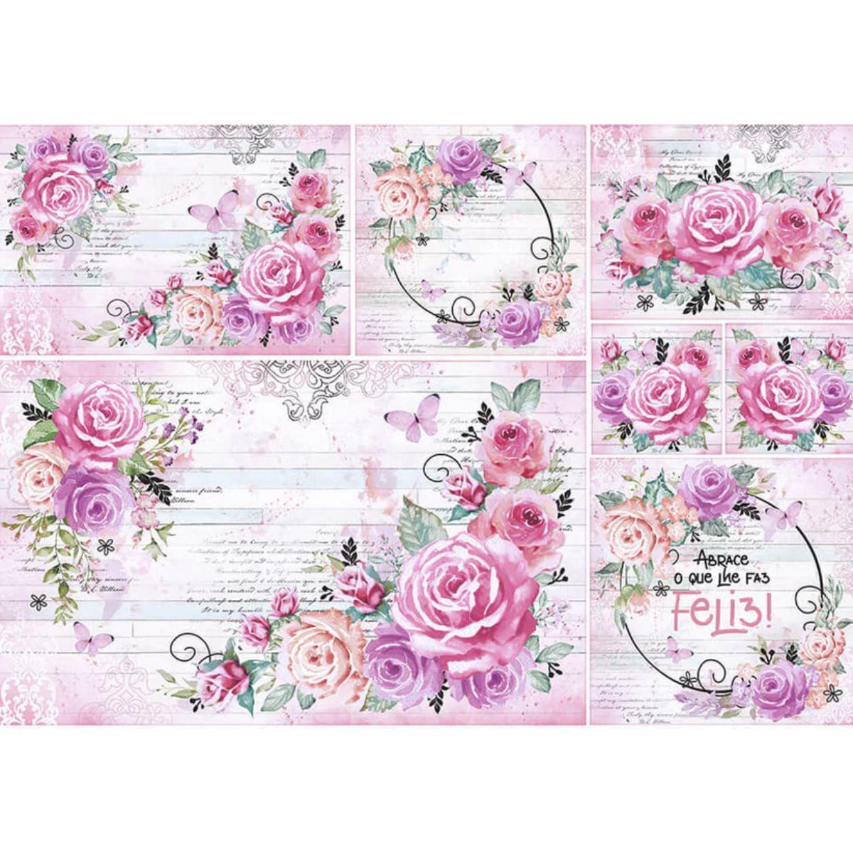 Papel Decoupage Litoarte PD-1008 Rosas Aquarela 49x34,3cm - Palácio da Arte