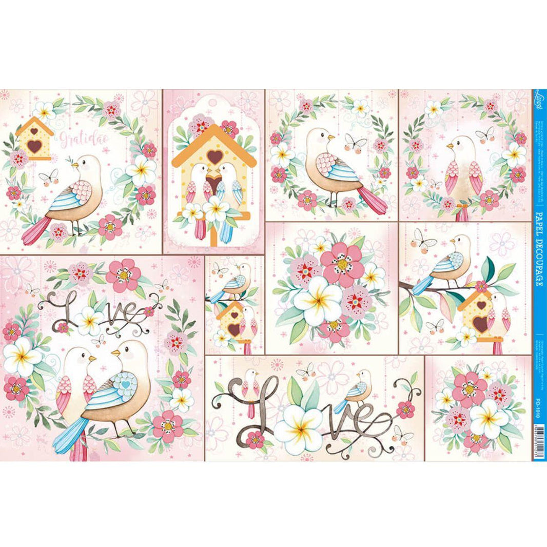 Papel Decoupage Litoarte PD-1010 Pássaros Flores 49x34,3cm - Palácio da Arte