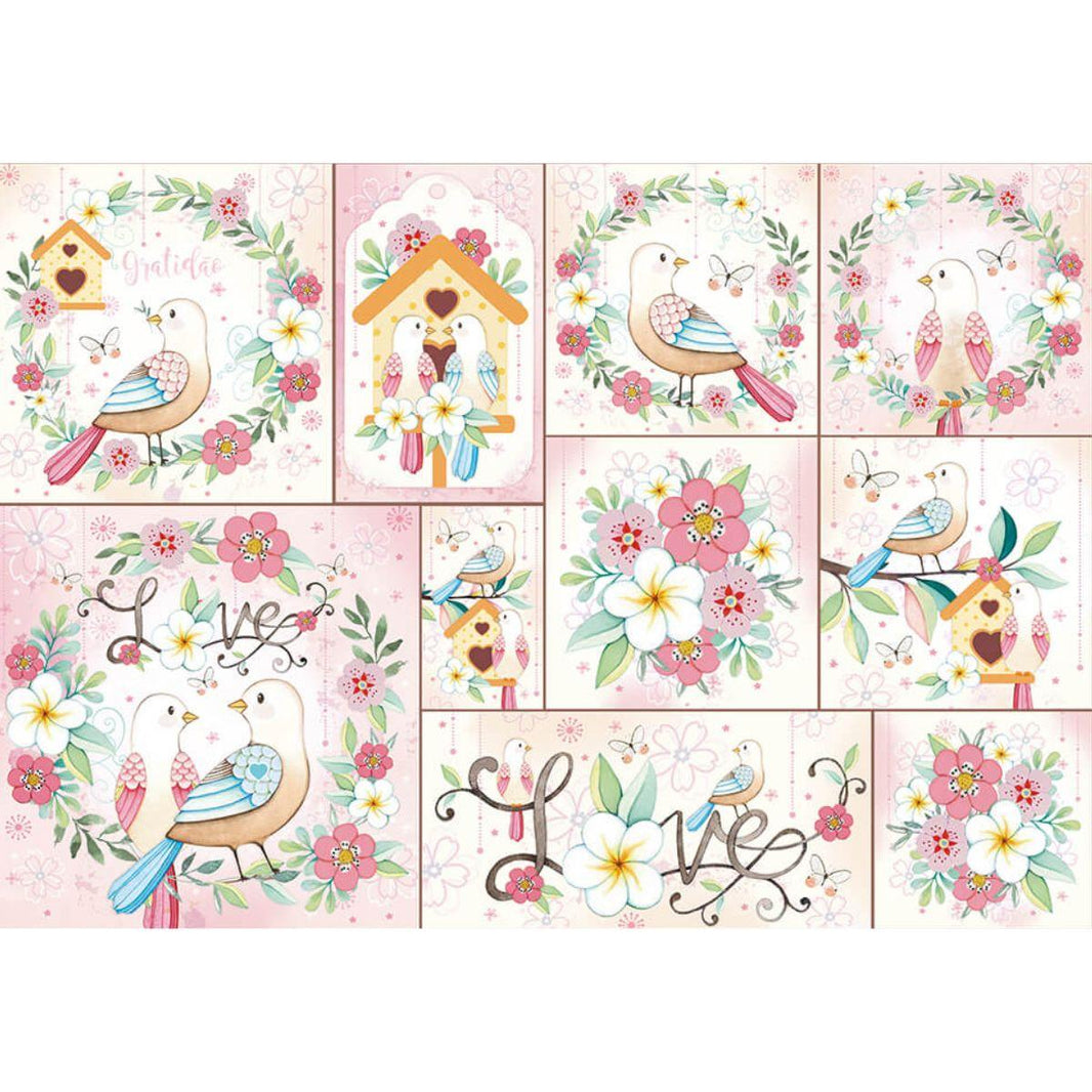 Papel Decoupage Litoarte PD-1010 Pássaros Flores 49x34,3cm - Palácio da Arte