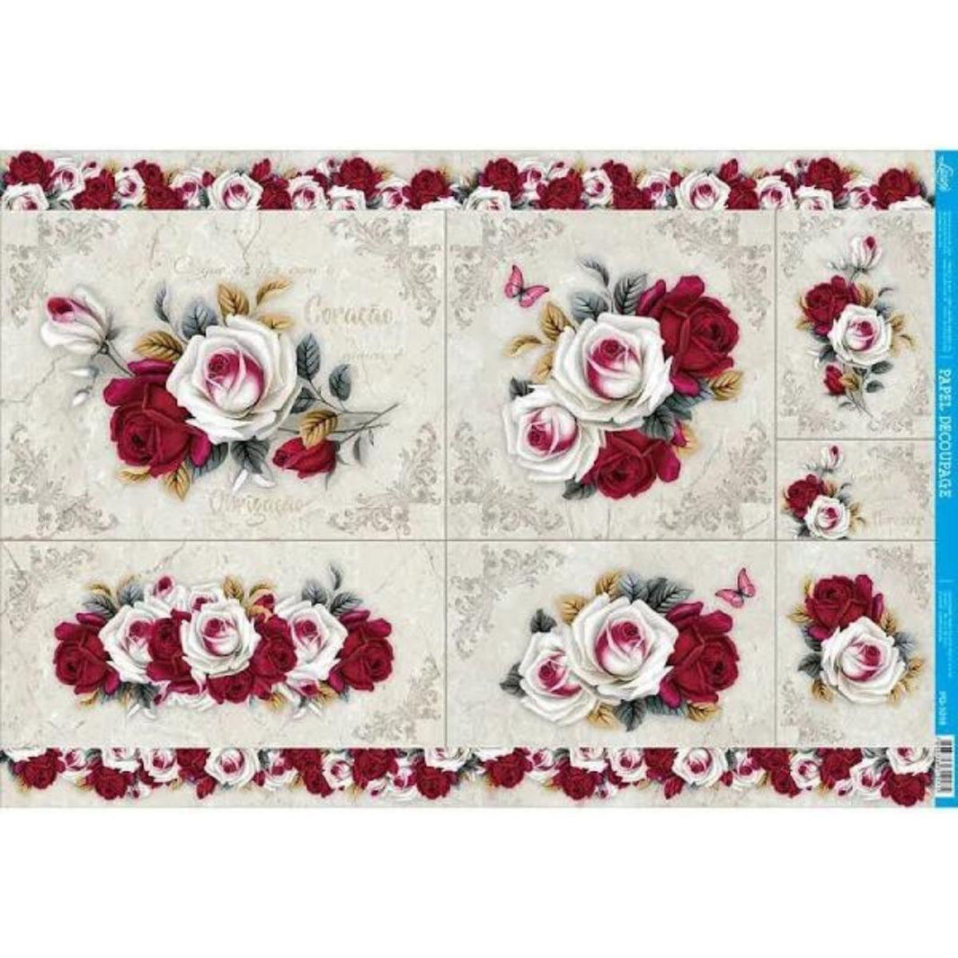 Papel Decoupage Litoarte PD-1018 Rosas Vermelha e Branca 49x34,3cm - Palácio da Arte