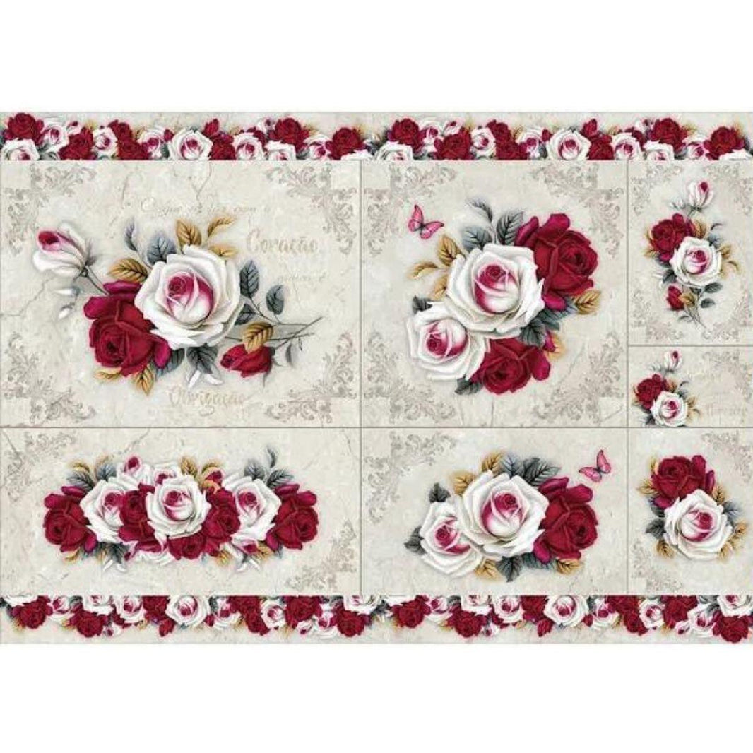 Papel Decoupage Litoarte PD-1018 Rosas Vermelha e Branca 49x34,3cm - Palácio da Arte