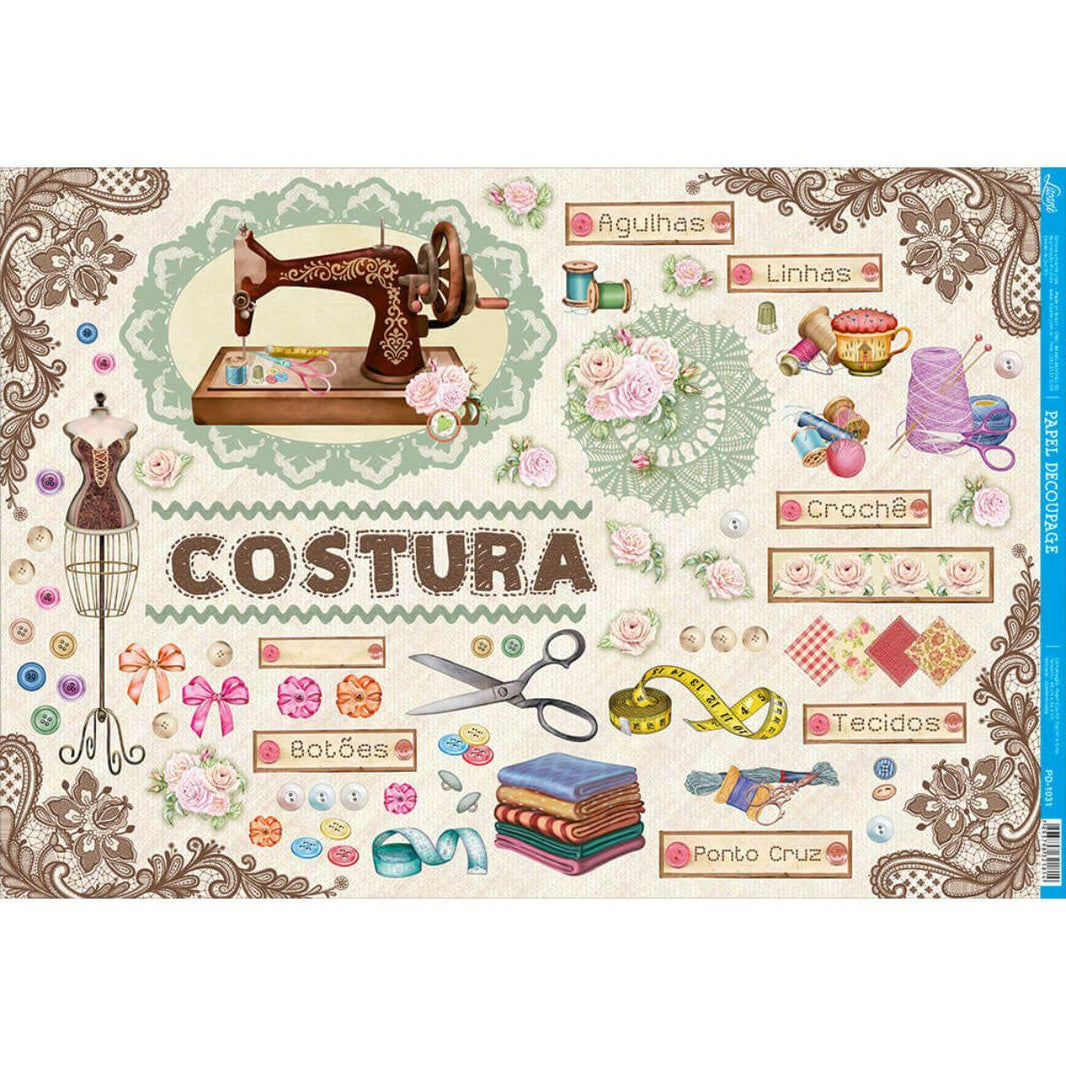 Papel Decoupage Litoarte PD-1031 Costura 49x34,3cm - Palácio da Arte