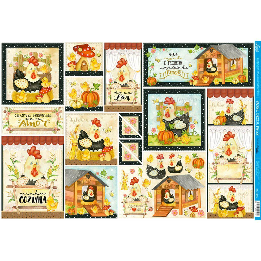 Papel Decoupage Litoarte PD-1035 Galinhas e Pintinhos 49x34,3cm - Palácio da Arte