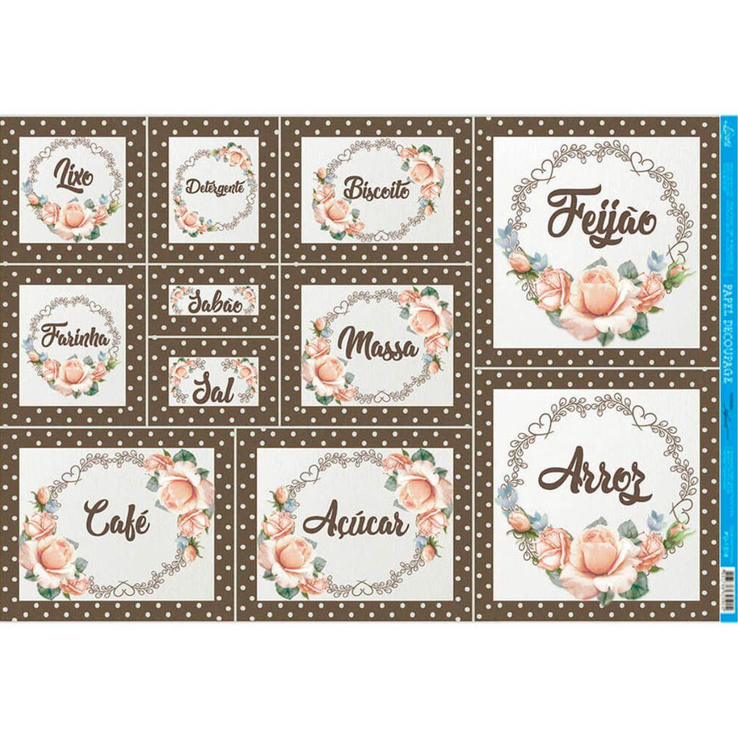 Papel Decoupage Litoarte PD-1037 Flores e Rótulos Mantimentos 49x34,3cm - Palácio da Arte