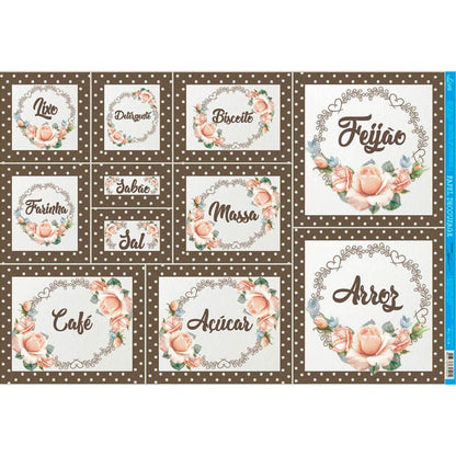 Papel Decoupage Litoarte PD-1037 Flores e Rótulos Mantimentos 49x34,3cm - Palácio da Arte