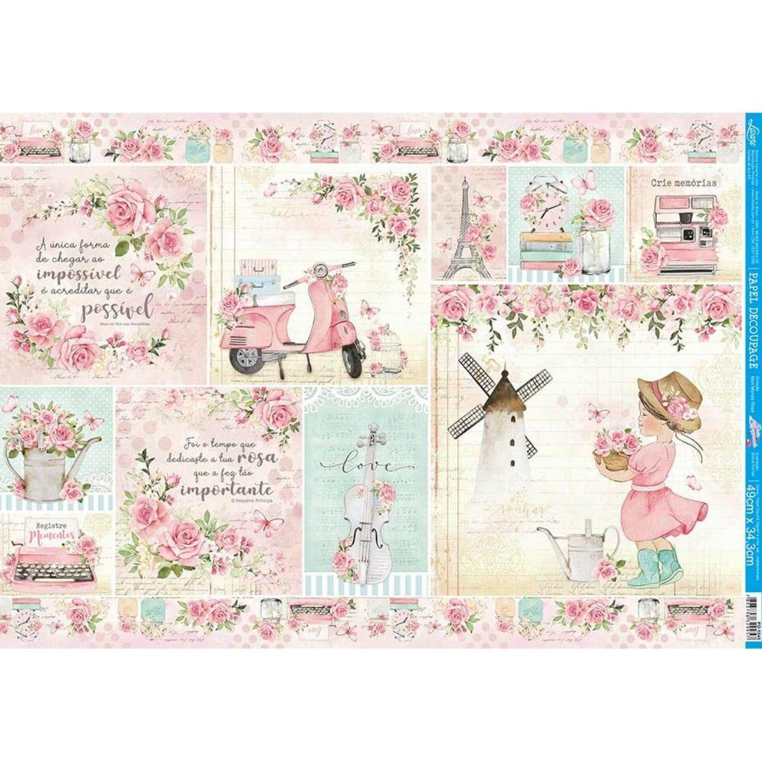 Papel Decoupage Litoarte PD-1045 Menina, Flores e Mensagens 49x34,3cm - Palácio da Arte