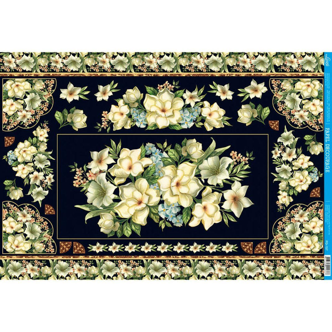 Papel Decoupage Litoarte PD-157 Flores com Fundo Preto 49x34,3cm - Palácio da Arte