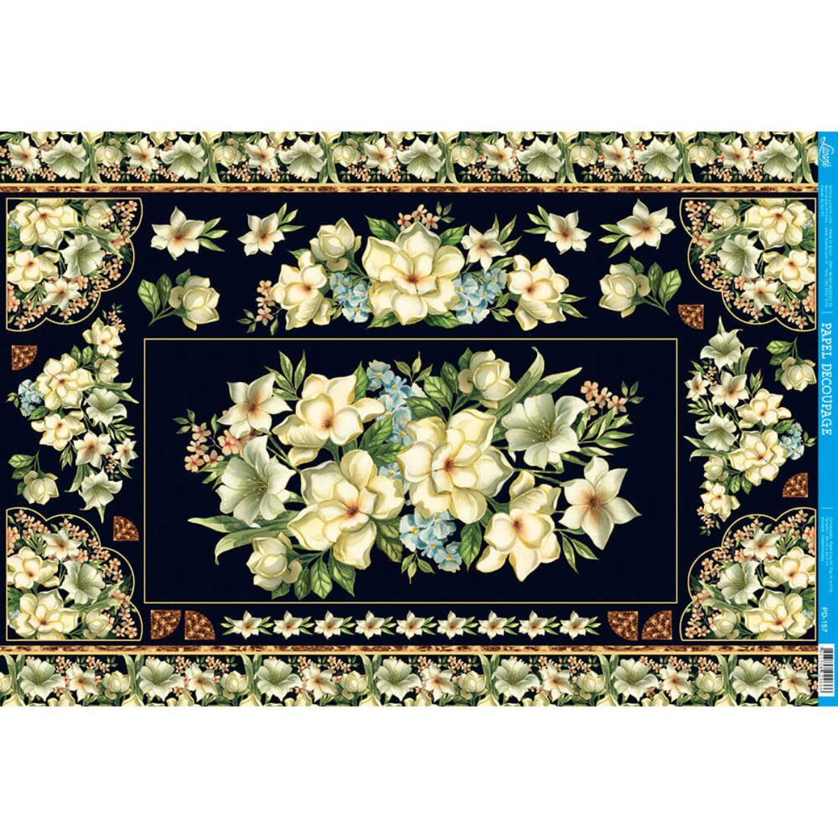 Papel Decoupage Litoarte PD-157 Flores com Fundo Preto 49x34,3cm - Palácio da Arte