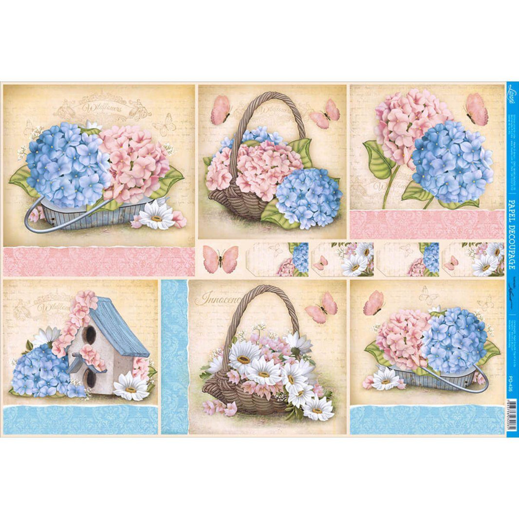 Papel Decoupage Litoarte PD-436 Hortênsias e Margaridas 49x34,3cm - Palácio da Arte