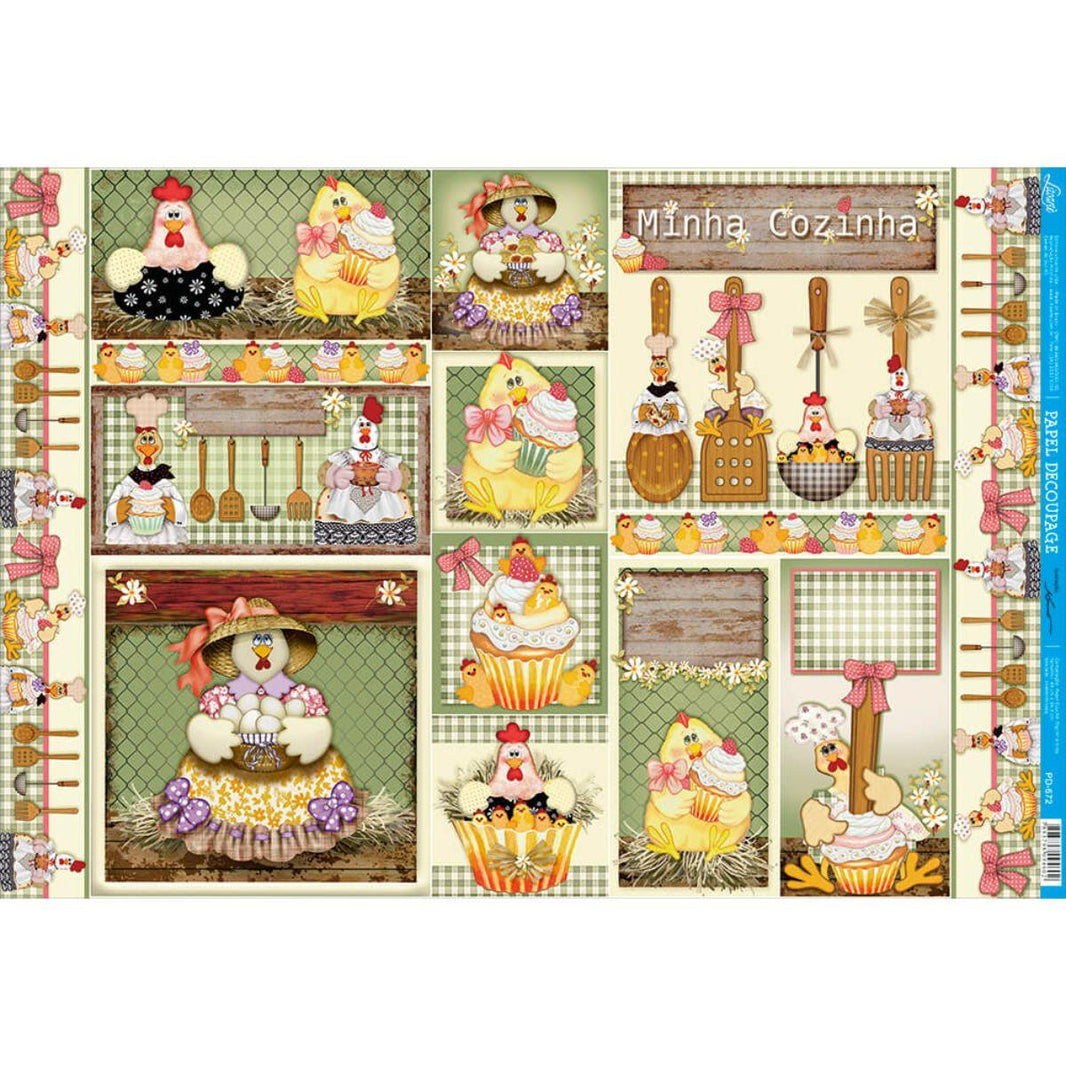 Papel Decoupage Litoarte PD-672 Galinhas II 49x34,3cm - Palácio da Arte