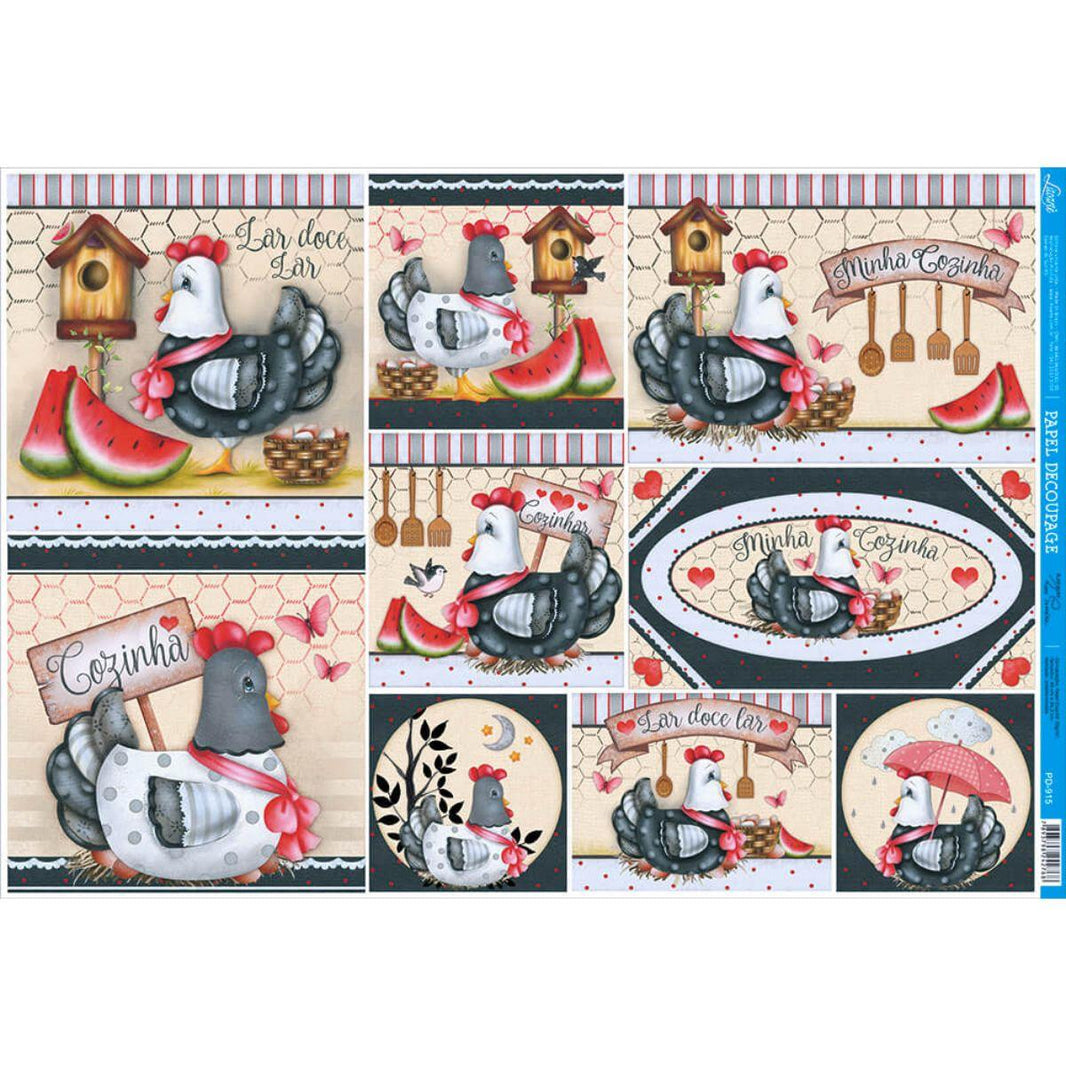 Papel Decoupage Litoarte PD-915 Galinhas com Laços Vermelhos 49x34,3cm - Palácio da Arte