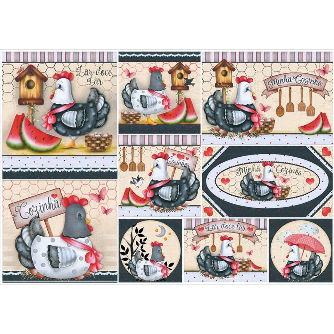 Papel Decoupage Litoarte PD-915 Galinhas com Laços Vermelhos 49x34,3cm - Palácio da Arte