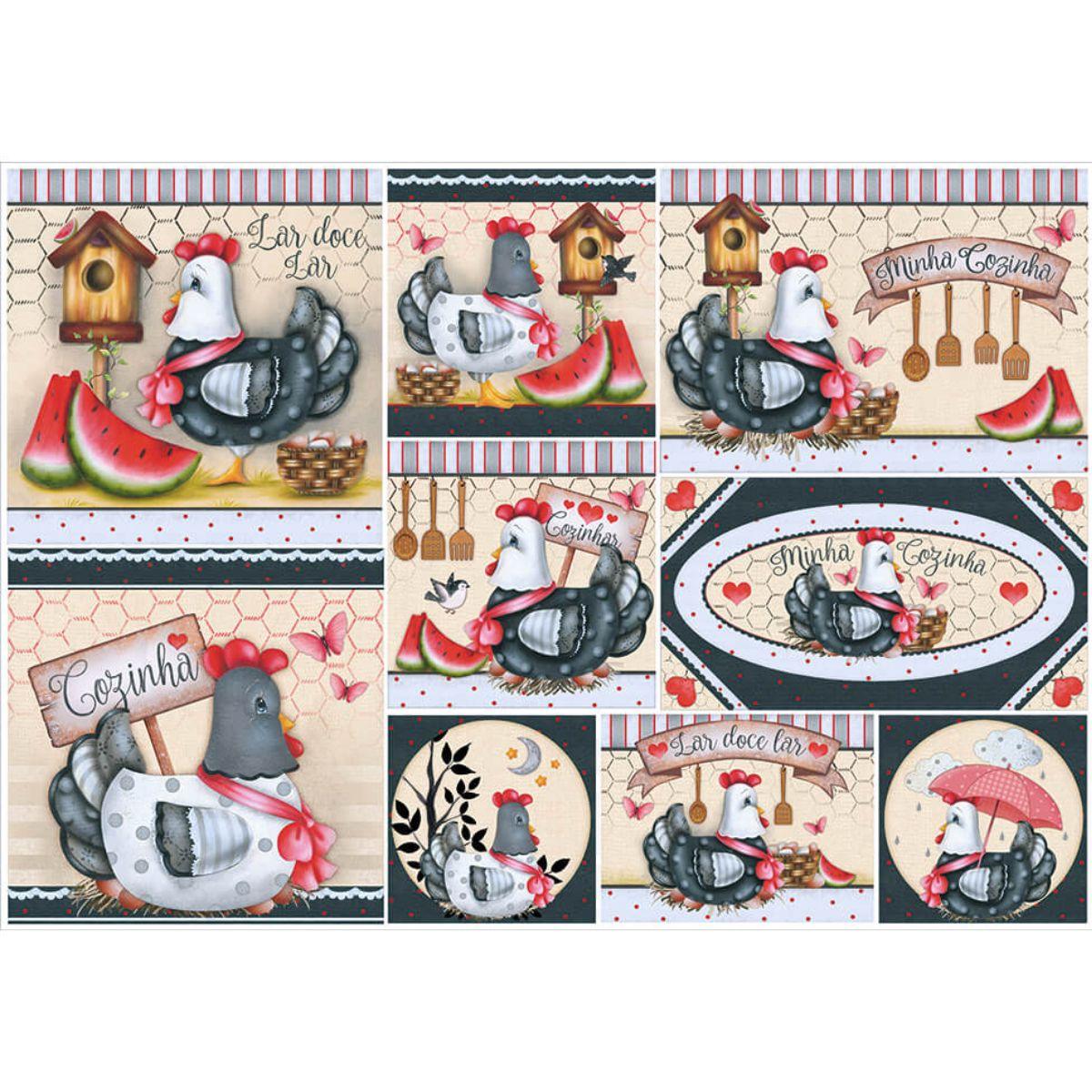 Papel Decoupage Litoarte PD-915 Galinhas com Laços Vermelhos 49x34,3cm - Palácio da Arte
