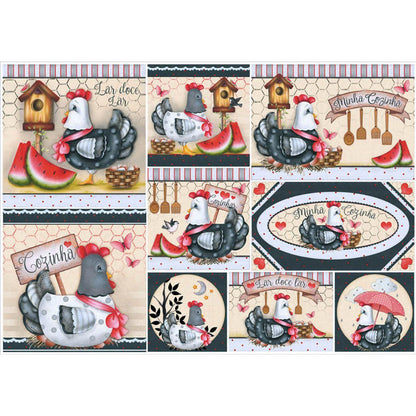 Papel Decoupage Litoarte PD-915 Galinhas com Laços Vermelhos 49x34,3cm - Palácio da Arte
