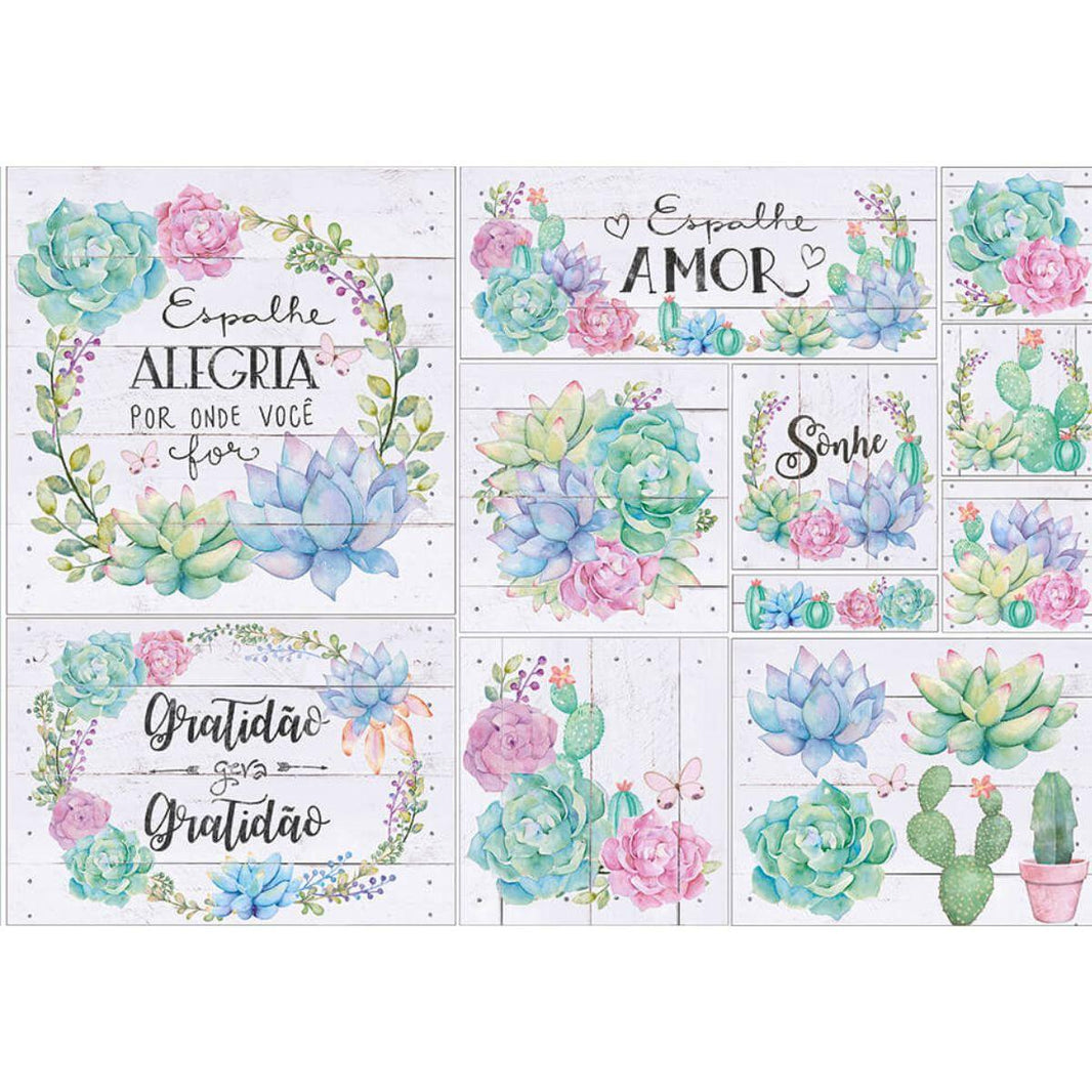 Papel Decoupage Litoarte PD-920 Suculentas e Cactos 49x34,3cm - Palácio da Arte