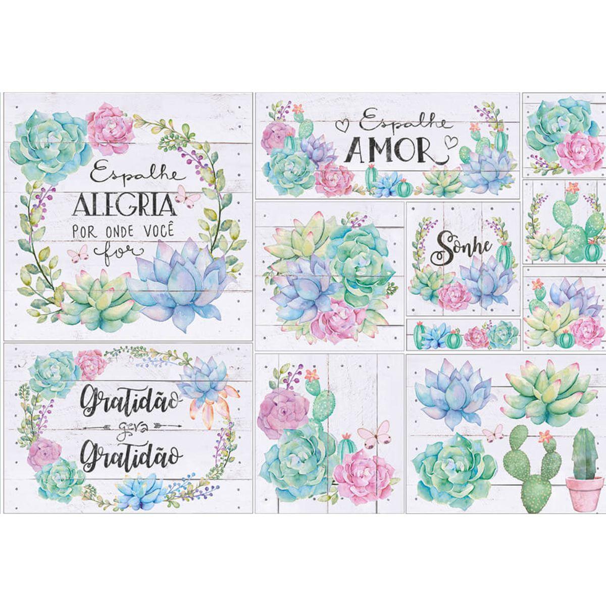 Papel Decoupage Litoarte PD-920 Suculentas e Cactos 49x34,3cm - Palácio da Arte