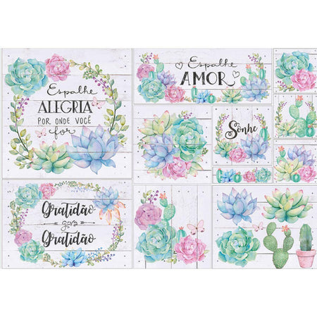 Papel Decoupage Litoarte PD-920 Suculentas e Cactos 49x34,3cm - Palácio da Arte