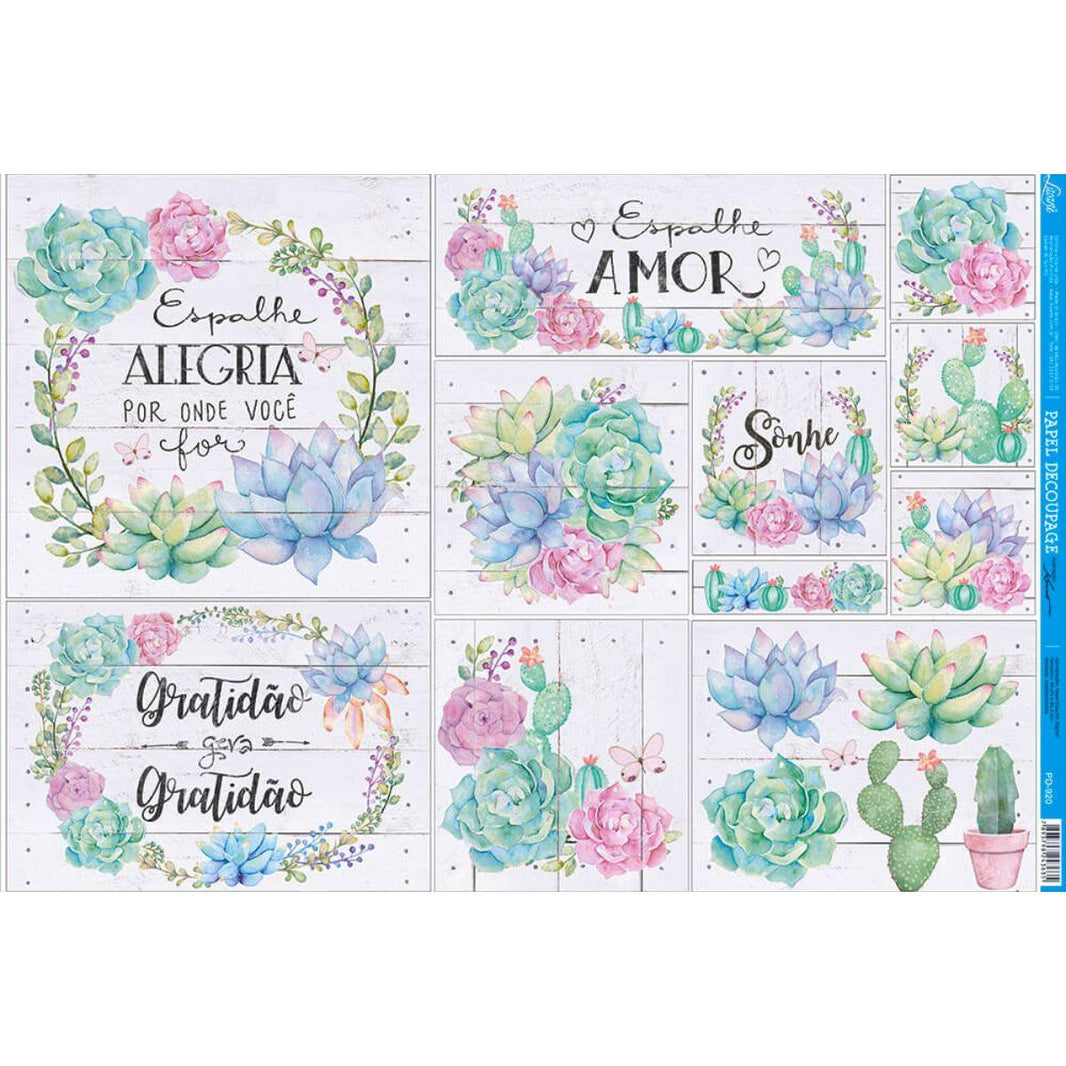 Papel Decoupage Litoarte PD-920 Suculentas e Cactos 49x34,3cm - Palácio da Arte