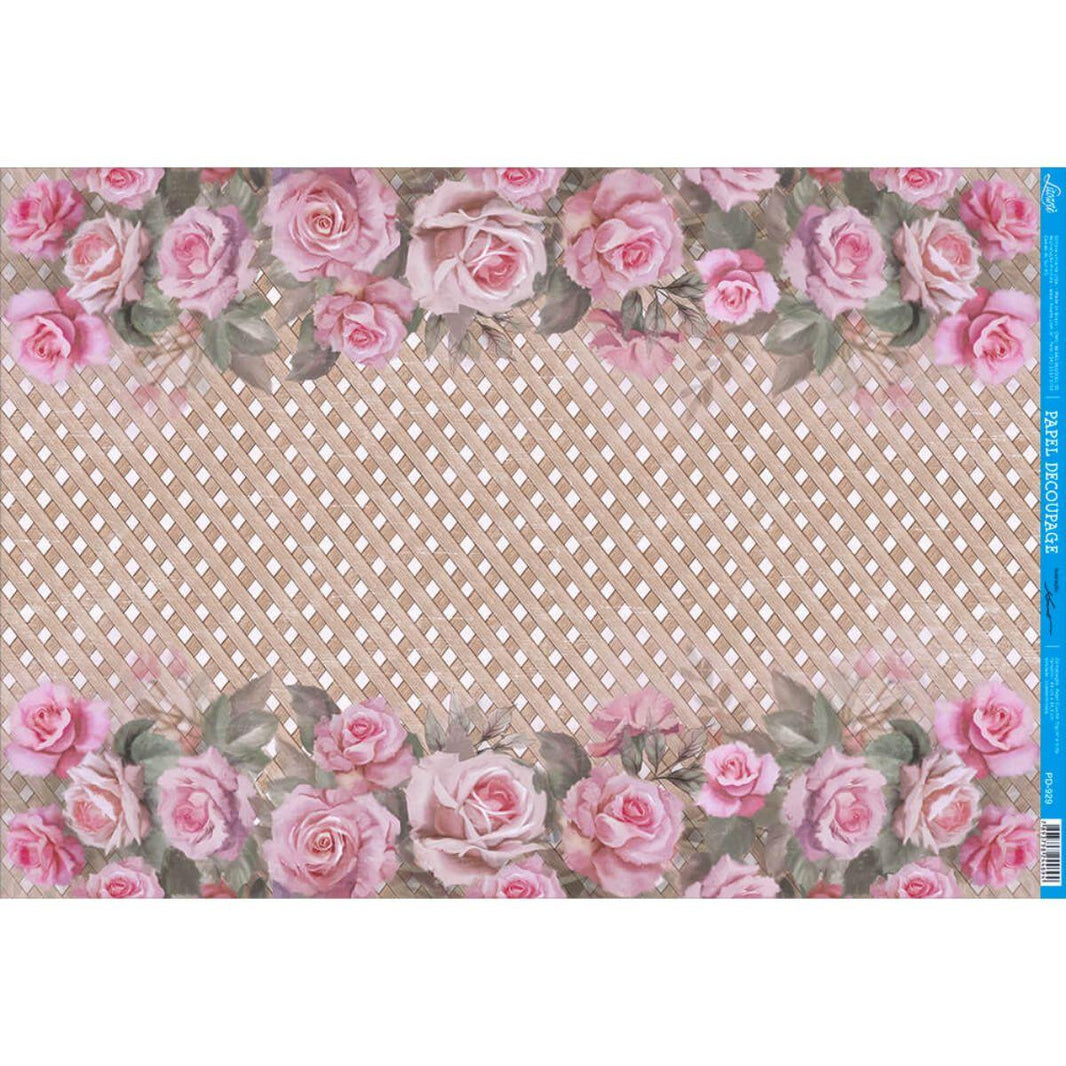 Papel Decoupage Litoarte PD-929 Rosas com Fundo de Treliça 49x34,3cm - Palácio da Arte