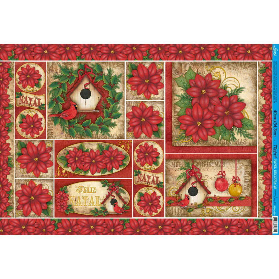 Papel Decoupage Litoarte PDN-074 Natal Poinsétias 49x34cm - Palácio da Arte