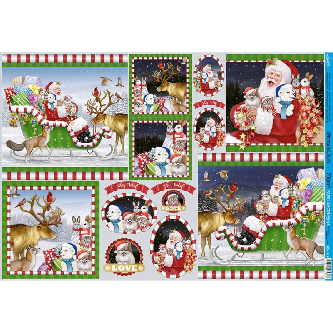 Papel Decoupage Litoarte PDN-119 Natal Papai Noel e Animais 49x34cm - Palácio da Arte
