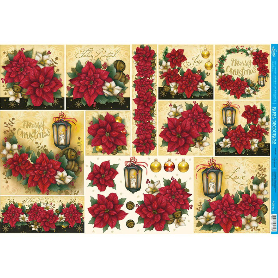 Papel Decoupage Litoarte PDN-125 Natal Poinsétias e Luminária 49x34cm - Palácio da Arte