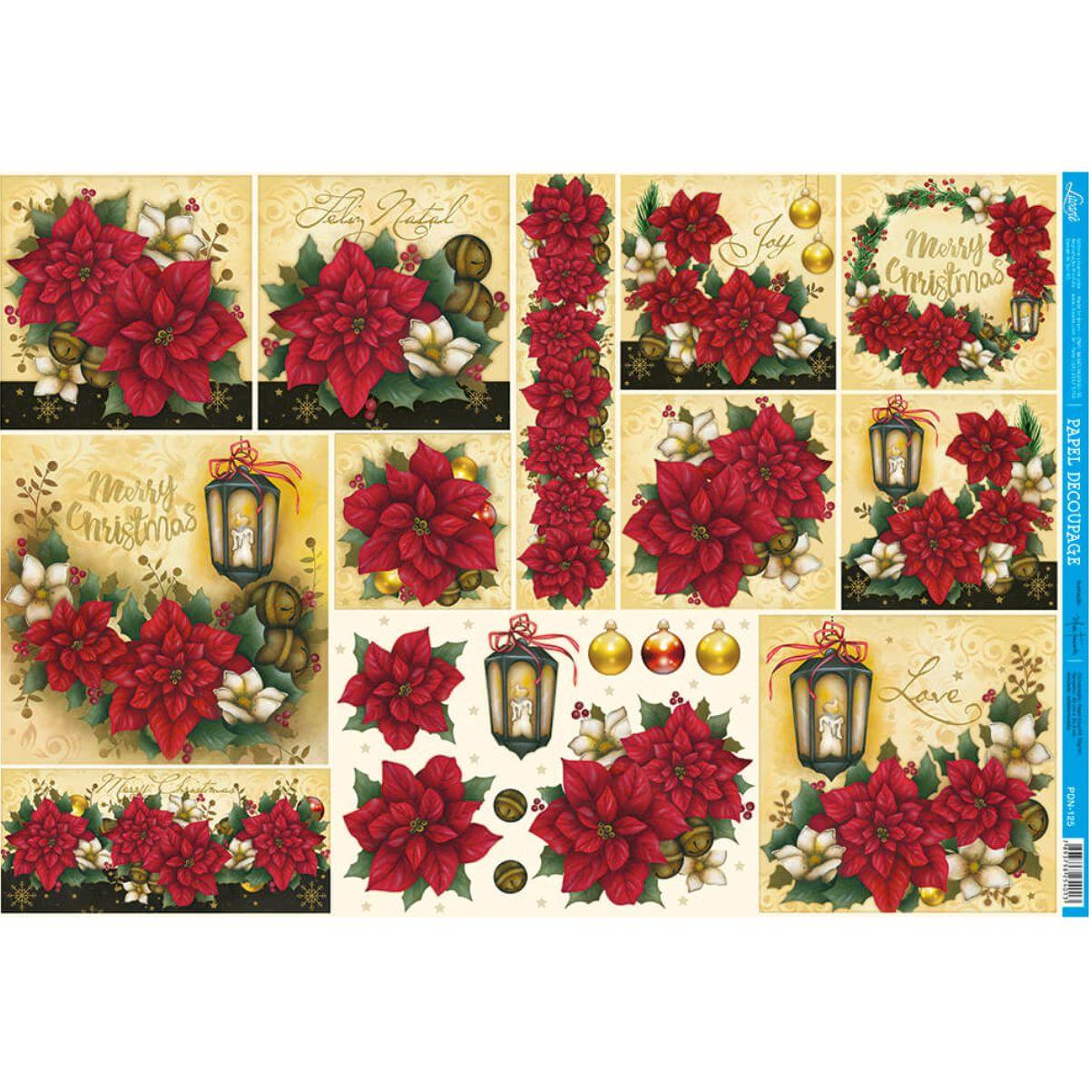 Papel Decoupage Litoarte PDN-125 Natal Poinsétias e Luminária 49x34cm - Palácio da Arte