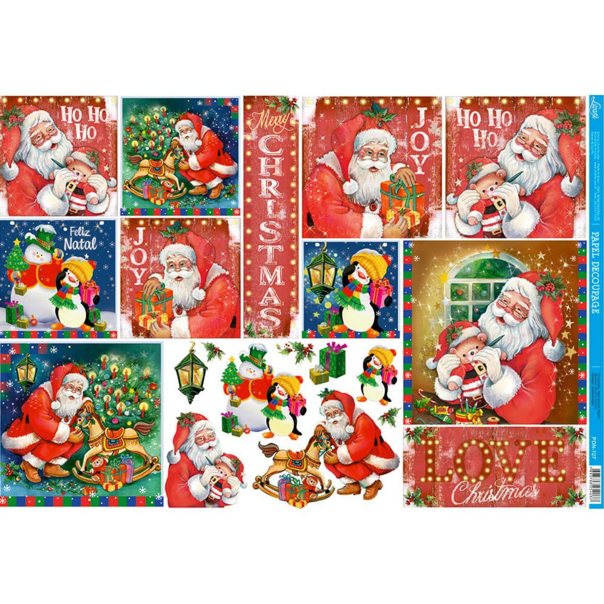 Papel Decoupage Litoarte PDN-127 Natal Papai Noel Vintage e Pinguins 49x34,3cm - Palácio da Arte