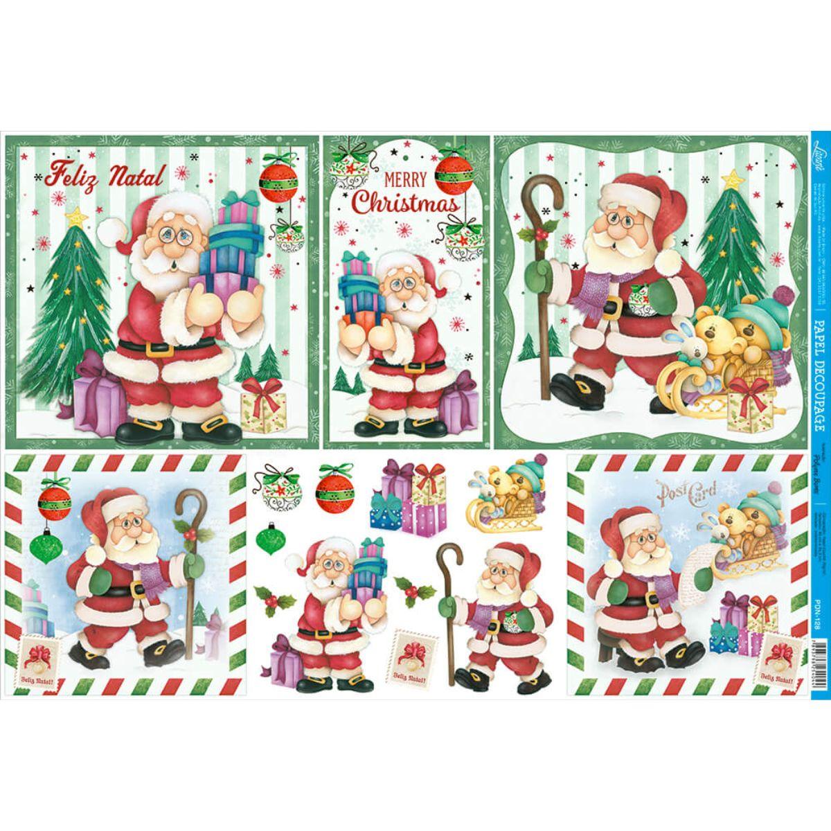 Papel Decoupage Litoarte PDN-128 49x34 Natal Papai Noel e Bichinhos - Palácio da Arte